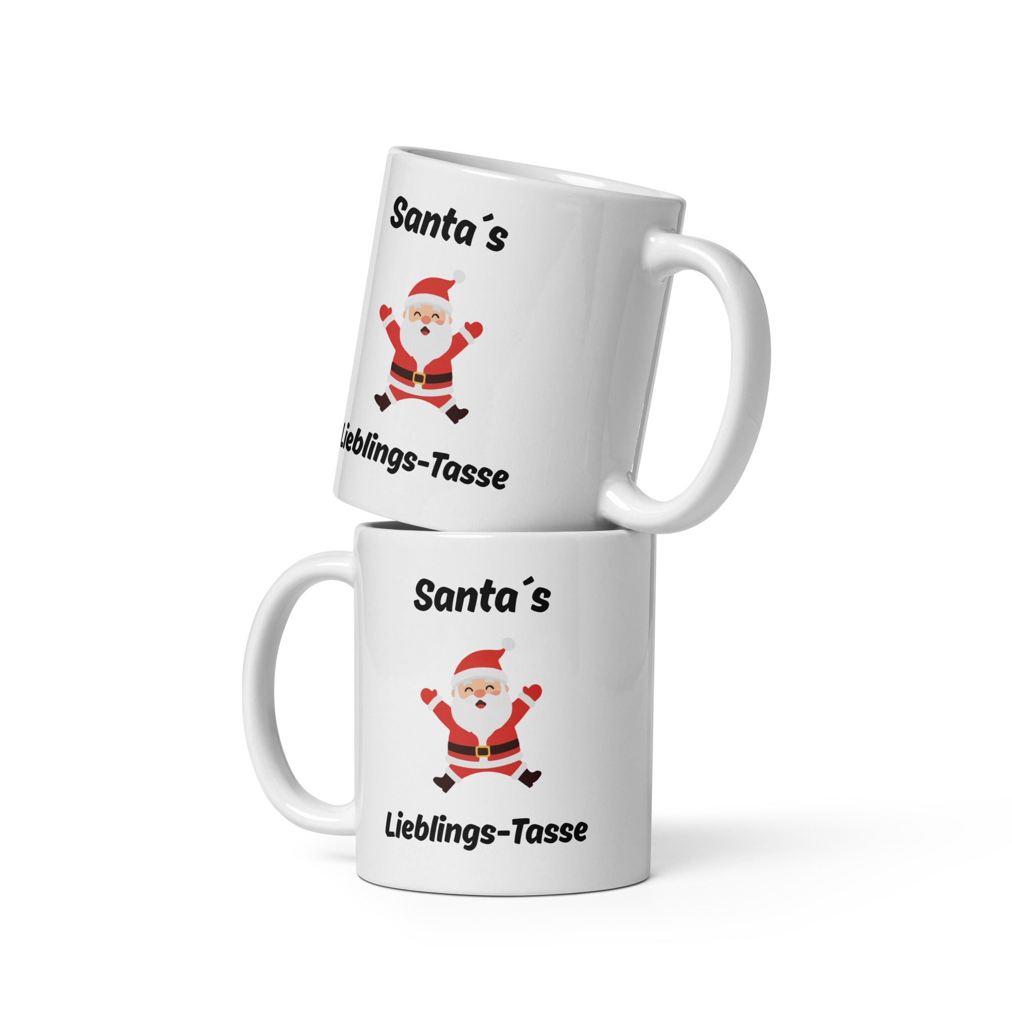 Weiße Tasse mit dem Spruch "Santa´s Lieblingstasse" und einem Bild eines springenden, fröhlichen Weihnachtsmann in der Mitte