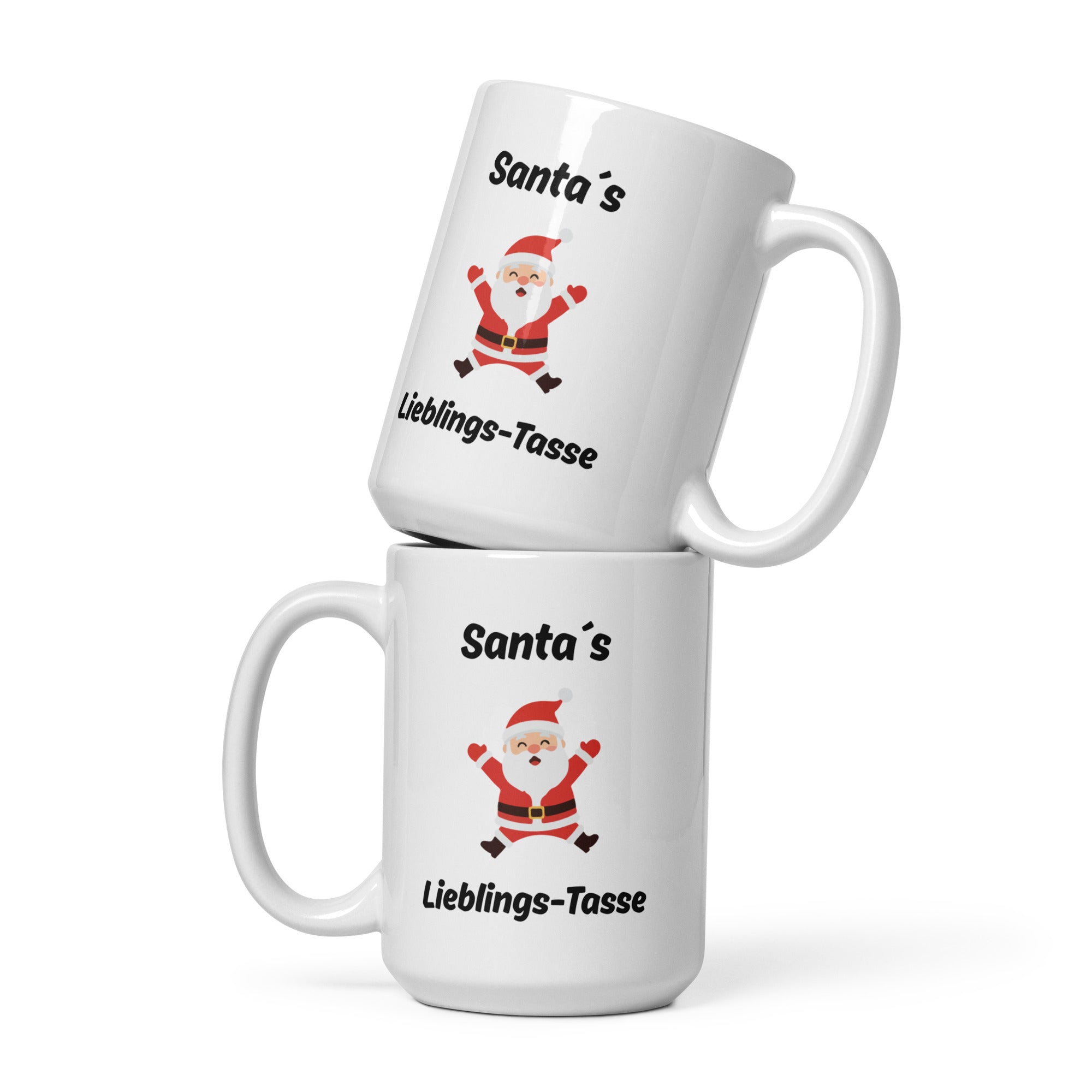 Weiße Tasse mit dem Spruch "Santa´s Lieblingstasse" und einem Bild eines springenden, fröhlichen Weihnachtsmann in der Mitte